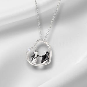 Penguin Pendant Necklace • Heart Charm with Penguins