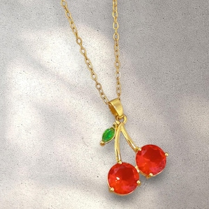 Cherry Pendant Necklace: Stainless Steel Chain with Zircon