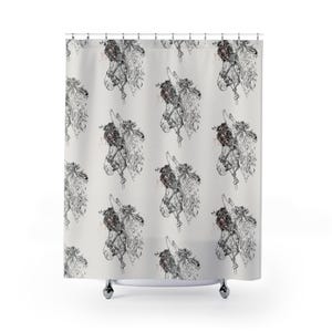 May include: A shower curtain with a repeating pattern of a detailed black and white illustration of a donkey's head. The donkey has a floral crown and bridle. The background is a light beige colour.