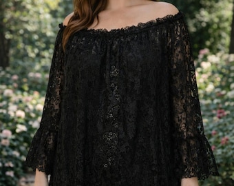 Black Lace Sheer Blouse, Boho Festival Renaissance Costume