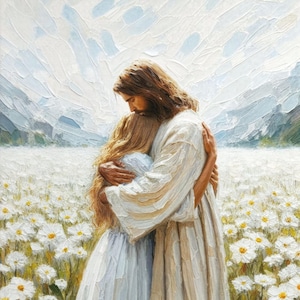 Zijn liefde, christelijke schilderkunst, Jezus knuffelt blonde vrouw, Jezus met meisje, christelijke afdrukbare kunst, bijbelkunst, Jezus afdrukken, christelijke poster