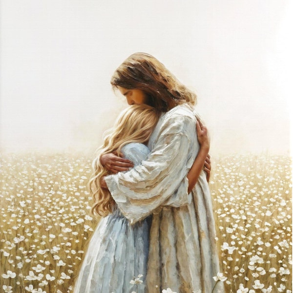 May include: A canvas print depicts a tender embrace. A figure in white robes embraces another person with long blonde hair, set against a field of white flowers. The artwork evokes a sense of comfort and serenity.