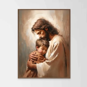 Puede incluir: Una pintura de un hombre con cabello largo y castaño y barba que sostiene a un niño pequeño en sus brazos. El hombre lleva una túnica blanca y el niño lleva una túnica marrón. La pintura está realizada en un estilo realista y los colores son cálidos y acogedores.