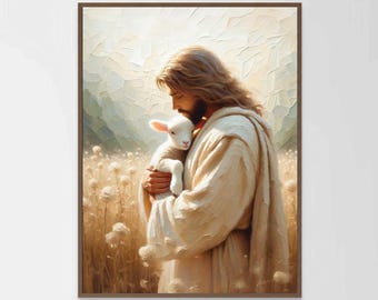 The Savior and the Lamb, Christian Prints, Jesus Shepherd Art, Picture of Christ, Leave the 99 Art, Bible Painting, Jesus PNG, Christian Art