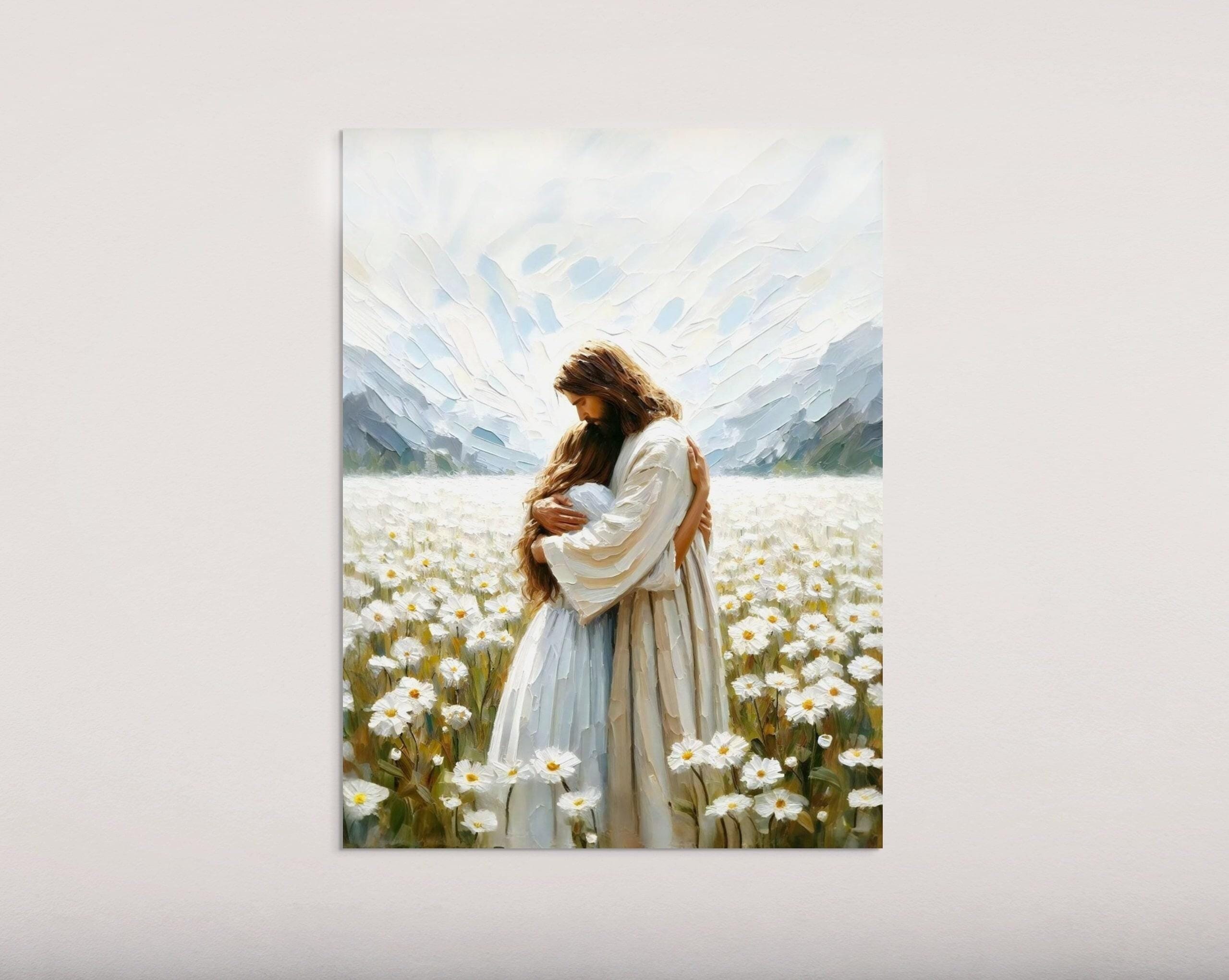 His Love, Modern Christian Art, Jesus Hugging Girl, Jesus Painting, LDS Art, Mormon Art, Bible Wall Art, Jesus and Woman, Christian Prints