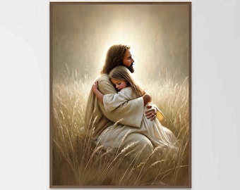 Fe gentil, arte cristiano, Jesús con niña, imagen de Cristo, Jesús con niños, arte mural bíblico, arte mural religioso, pintura cristiana