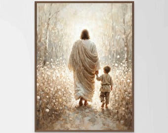 May include: A framed print depicts a figure in a white robe holding hands with a child, walking through a field of white flowers. The artwork has a soft, warm color palette with a bright, glowing light in the background. The frame is a dark brown color.