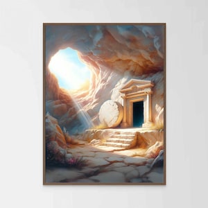 May include: A painting depicting a stone tomb with a large, round stone rolled away from the entrance. The tomb is located in a rocky cave with a bright light shining through the opening. The scene is reminiscent of the biblical story of the resurrection of Jesus Christ.