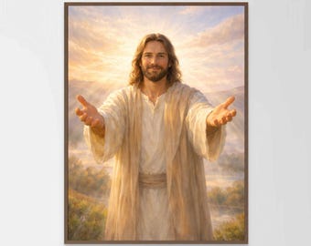 May include: A framed portrait depicts a man with long, light brown hair and a beard, wearing a white robe with a tan overcoat. He stands with open arms, against a backdrop of a bright sky and a landscape of hills and trees.