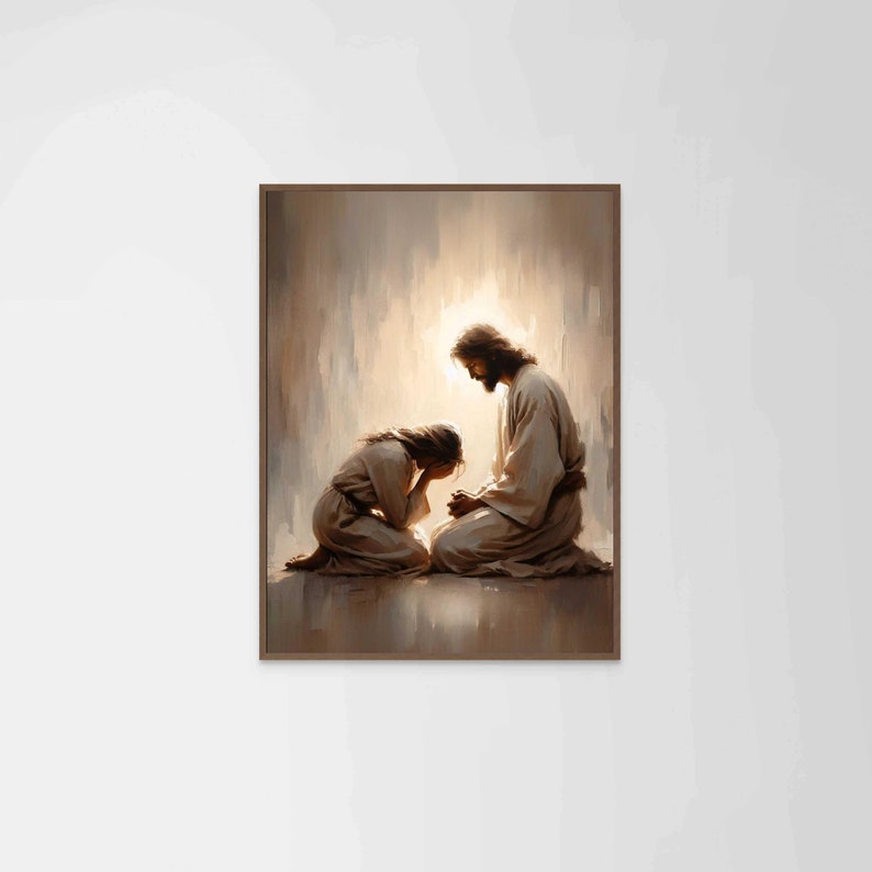 May include: Canvas print depicting a compassionate scene: a person in flowing robes, kneeling in prayer, receives comfort from another figure in similar attire. The color palette is muted earth tones, with soft lighting highlighting the figures. The artwork conveys a sense of solace and spiritual connection. The style is reminiscent of religious art, possibly depicting a biblical scene.