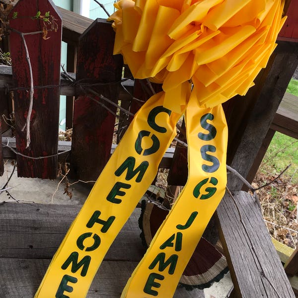 Deployment Personalized Giant Yellow Bow Support Our Troops with green lettering for outdoors