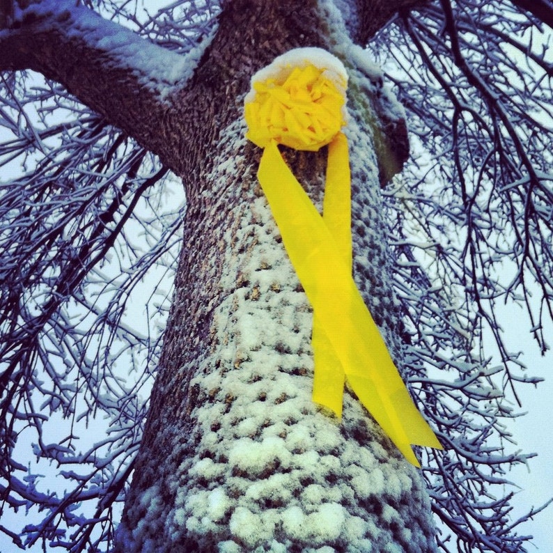 May include: A yellow ribbon tied around a tree trunk covered in snow. The ribbon is tied in a bow with a large yellow flower in the center.