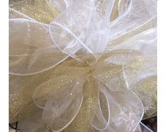 White organza and Gold tulle wedding bow or tree topper ~ 10” across