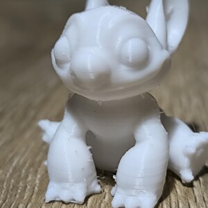 May include: White 3D printed figurine of a cartoon character with large ears, sitting with its legs crossed. The character has a wide smile and large eyes.