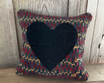 Primitive Hooked Wool Heart Pillow