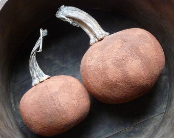 Folk Art Primitive Thanksgiving Wool Harvest Pumpkins With Real Dried Pumpkin Stems