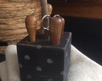 Rustic Hook Keeper Block In Black & White Polka Dot For Rug Hooks and Scissors