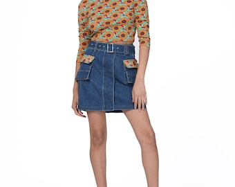 Printed Cargo Denim Mini Skirt