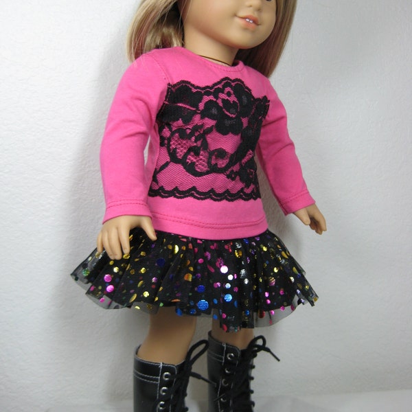 18 inch Doll Clothes American Girl Lacy Tee, Sparkly Skirt and Boots
