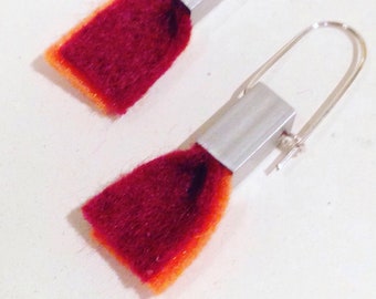 Red and orange felt and aluminum box tube drop earrings lightweight