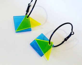 Hoop earrings with modern plexi square and triangle dangles