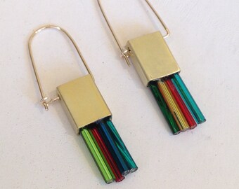 Price Reduced:  Rainbow colors beaded brass simple structural earrings gold filled wires