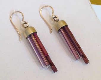 Price Reduced!  Long purple and pink tones simple brass drop earrings