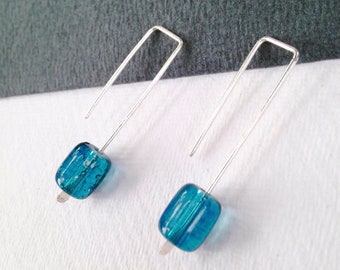 Blue crackle glass and sterling modern earrings