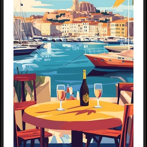 Marseille Frankreich Vintage Reiseplakat | Mediterrane Hafen Wand Kunst | Französischer Küsten Dekor | Vieux Port Kunstdruck