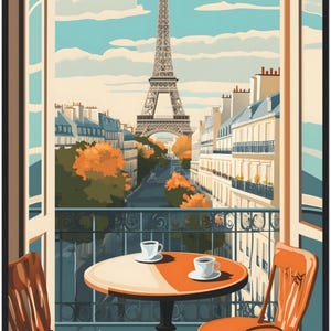 Herbst Eiffelturm Poster - Paris Café Balkon Kunstdruck - Herbst Paris Wanddekoration - Französisches Vintage Reiseposter - Gemütliche Café Ansicht