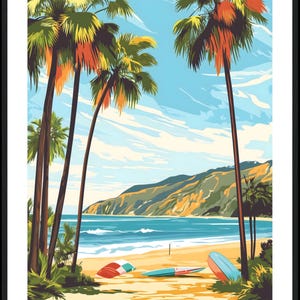 Santa Cruz Beach Wall Art – California Surf Poster, Coastal Palm Trees Print, Vintage Travel Art, vintage travel poster, beach wall décor