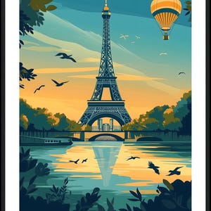 Paris Wall Art – Eiffel Tower Hot Air Balloon Sunset Poster, Vintage Travel Print, Parisian Landscape Décor, travel enthusiasts gift