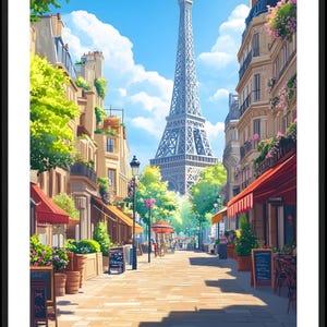 Paris Eiffel Tower Street View Art Print – Romantic Parisian Scene Wall Decor, French Cityscape Poster for Travel and Home Design