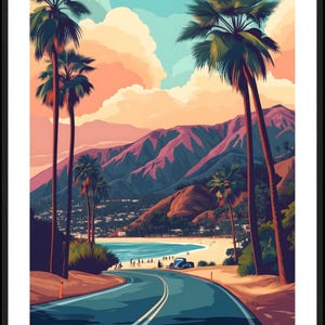 Vintage Santa Cruz California Art Print – Scenic Coastal Poster with Palm Trees and Mountains for Beach House Décor