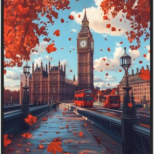 London Herbst Big Ben Poster - Herbstlaub Kunstdruck, Roter Bus London Wanddekor, Biegering, UK Reisekunst, London Geschenkidee