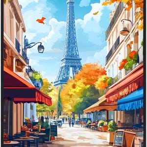 Herbst in Paris Wandkunst - Eiffelturm Street Café Druck, Herbst in Paris Poster, Pariser Wohnkultur, Lebendige Herbst Szene, romantische Paris Kunst