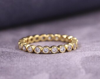 Lab Diamond Round Cut Ring, Full Bezel Set Diamond Band, 14k Solid Gold Engagement Band, Full Eternity Wedding Band, Dainty Anniversary Gift