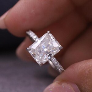 Radiant Cut Moissanite Engagement Ring, Anniversary Gift, Hidden Halo Wedding Ring, 18K Solid Gold Proposal Ring, Half Eternity Diamond Band