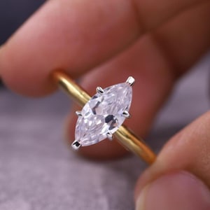 1.5 CT Two Tone Engagement Ring, Marquise Cut Solitaire Diamond Ring, Dainty Marquise Cut Wedding Ring, Six Prong Set Diamond Ring for Women