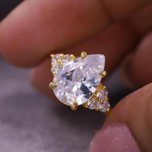 Teardrop Wedding Ring, Pear Cut Moissanite Engagement Ring, Cluster Diamond Proposal Ring, Seven Stone Ring, 14k Solid Gold Promise Ring