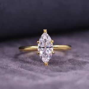 Marquise Cut Lab Diamond Ring, Solitaire Engagement Ring, 18k Solid Gold Wedding Ring, Six Prong Set Proposal Ring, Anniversary Gift for Her