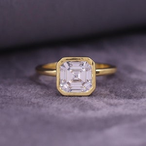 Lab Diamond Asscher Cut Ring, 14k Solid Gold Engagement Ring, Full Bezel Set Wedding Ring, 925 Sterling Silver Bridal Ring, Anniversary Gift