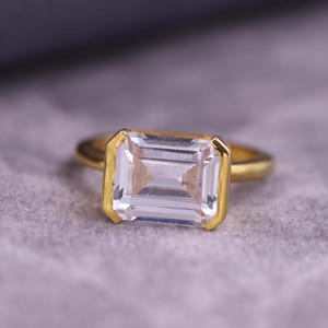 Semi Half Bezel Set Solitaire Diamond Ring, East West Lab Grown Diamond Ring, Emerald Cut Engagement Ring, 14K Solid Gold One Diamond Ring