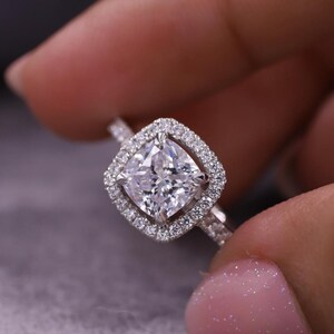 Half Eternity Promise Ring, Halo Moissanite Diamond Wedding Ring, Cushion Cut Moissanite Engagement Ring, 14K White Gold Anniversary Gift