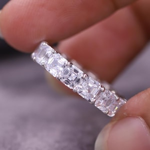 Full Eternity Wedding Band, Asscher Cut Moissanite Engagement Band, Colorless Promise Band, Stacking Band, Matching Band, Gift for Women