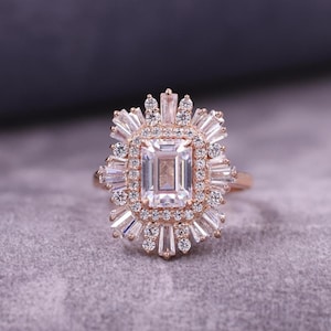 Fancy Double Starburst Halo Engagement Ring, Emerald Cut Lab Grown Diamond Ring, 14K Solid Gold Wedding Ring, Anniversary Gift, Ring for Her