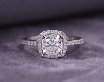 Cushion Cut Halo Lab Grown Diamond Ring, 14k White Gold