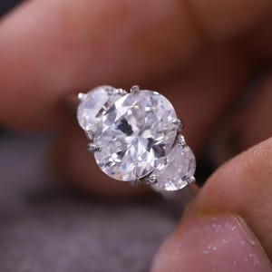 Three Stone Diamond Ring, Oval Cut Diamond Engagement Ring, Half Moon Diamonds Ring, 14K White Gold Trilogy Diamond Ring, Gift for Women