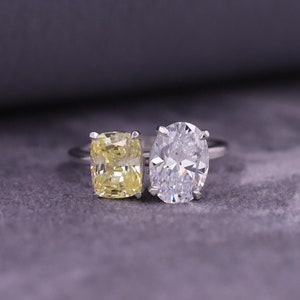Two Stone Engagement Ring, Oval And Cushion Cut Toi Et Moi Ring, Classic White and Yellow Lab Grown Diamond Promise Ring, Gift for Women.