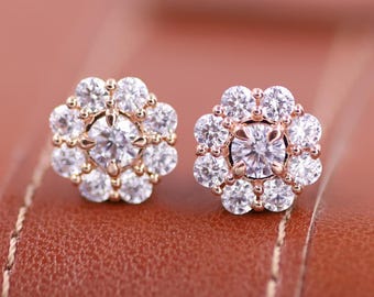 14k Rose Gold Wedding Earrings, Halo Diamond Earrings, Brilliant Diamond Earrings, Round Diamond Earrings, Everyday Wear Women's Earring